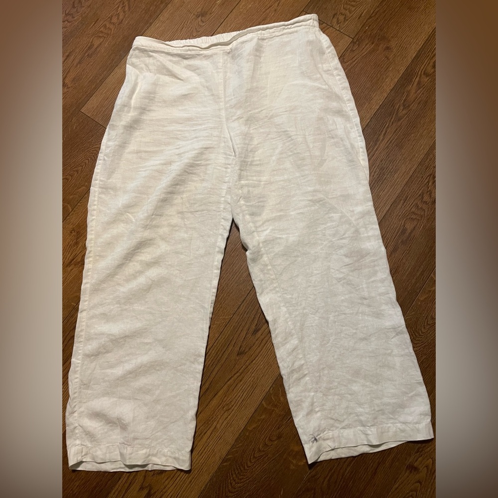 Chico's White Linen Cropped Slip-On Flowy Pants Summer Vacation